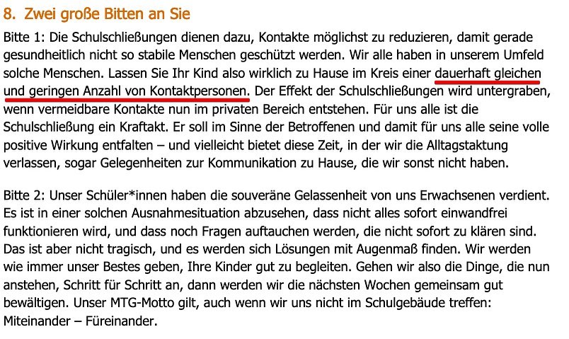 Rundmail von der Schule. Das mit der "dauerhaft gleichen und geringen Anzahl von Kontaktpersonen" is
